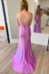 Lace-Up Cowl Neck Lilac Satin Long Prom Dress
